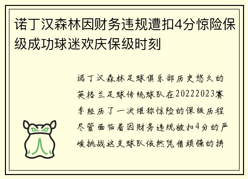 诺丁汉森林因财务违规遭扣4分惊险保级成功球迷欢庆保级时刻